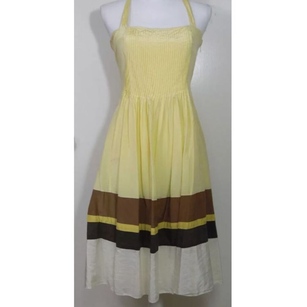 Laundry by Shelli Segal Yellow Silk Cotton Sundress Pleated‎ Striped Dress 12